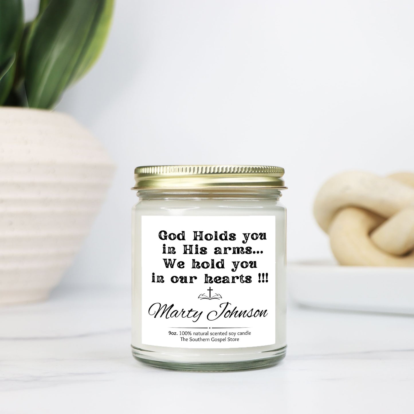 Personalized God Holds You In His Arms Candle Clear Jar 9oz