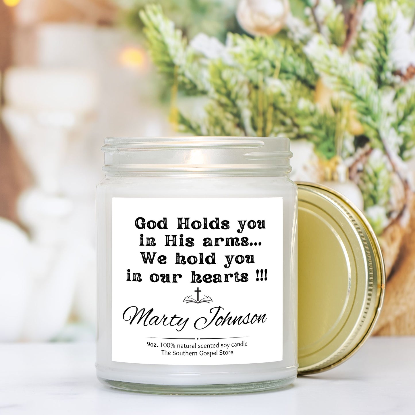 Personalized God Holds You In His Arms Candle Clear Jar 9oz