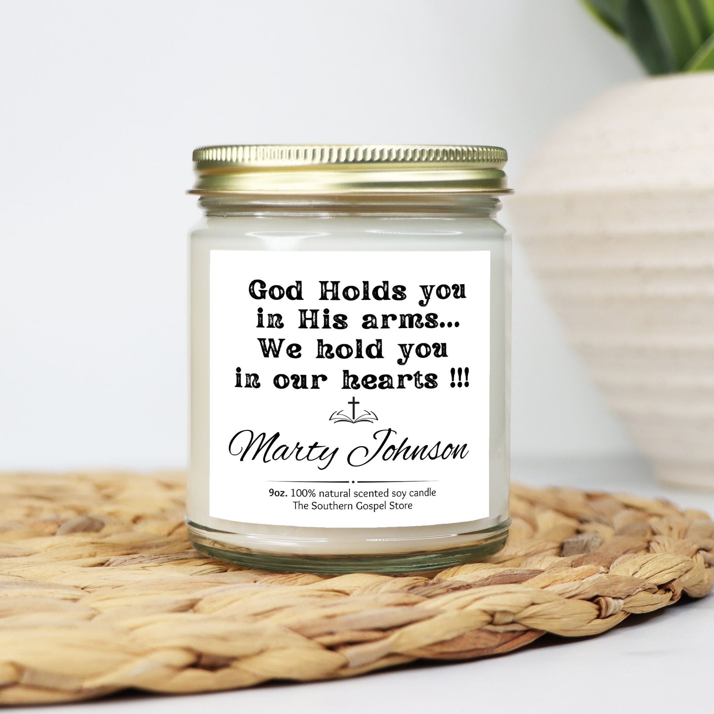 Personalized God Holds You In His Arms Candle Clear Jar 9oz