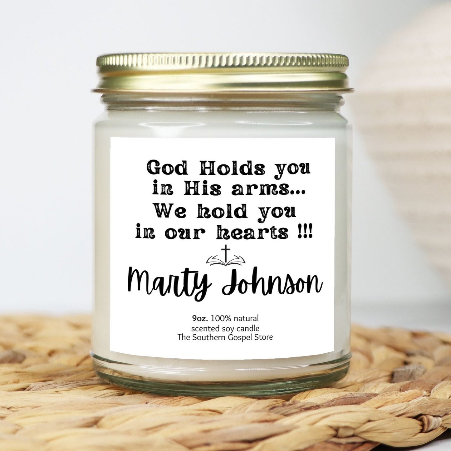 Personalize God Holds You In His Arms Candle Clear Jar 9oz